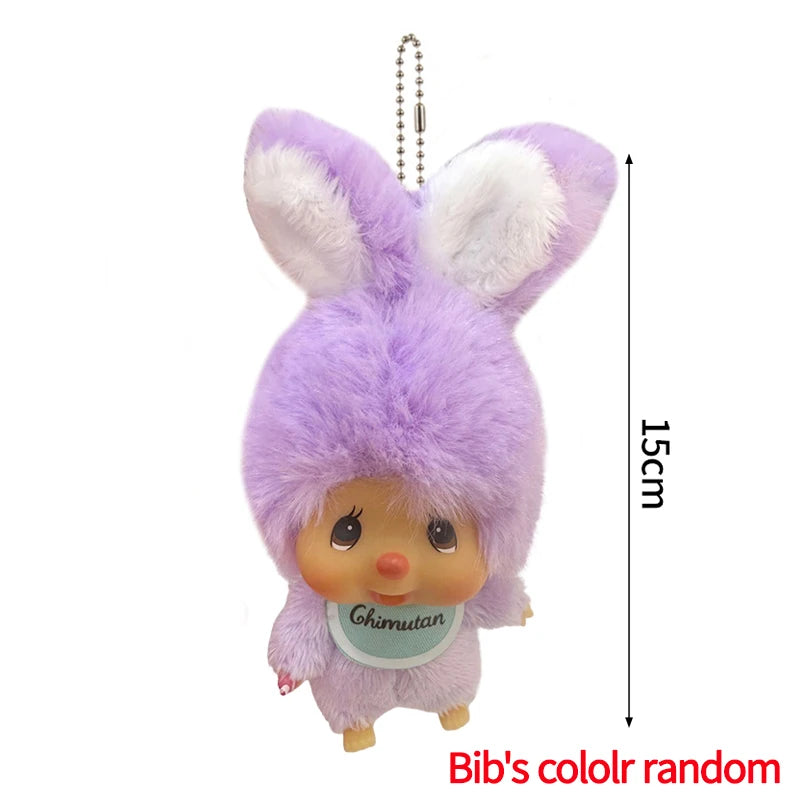 A fluffy purple bunny plush cartoon keychain charm with a white nose and ear tufts.