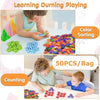 Children learning color sorting and counting with colorful interlocking plastic building blocks.