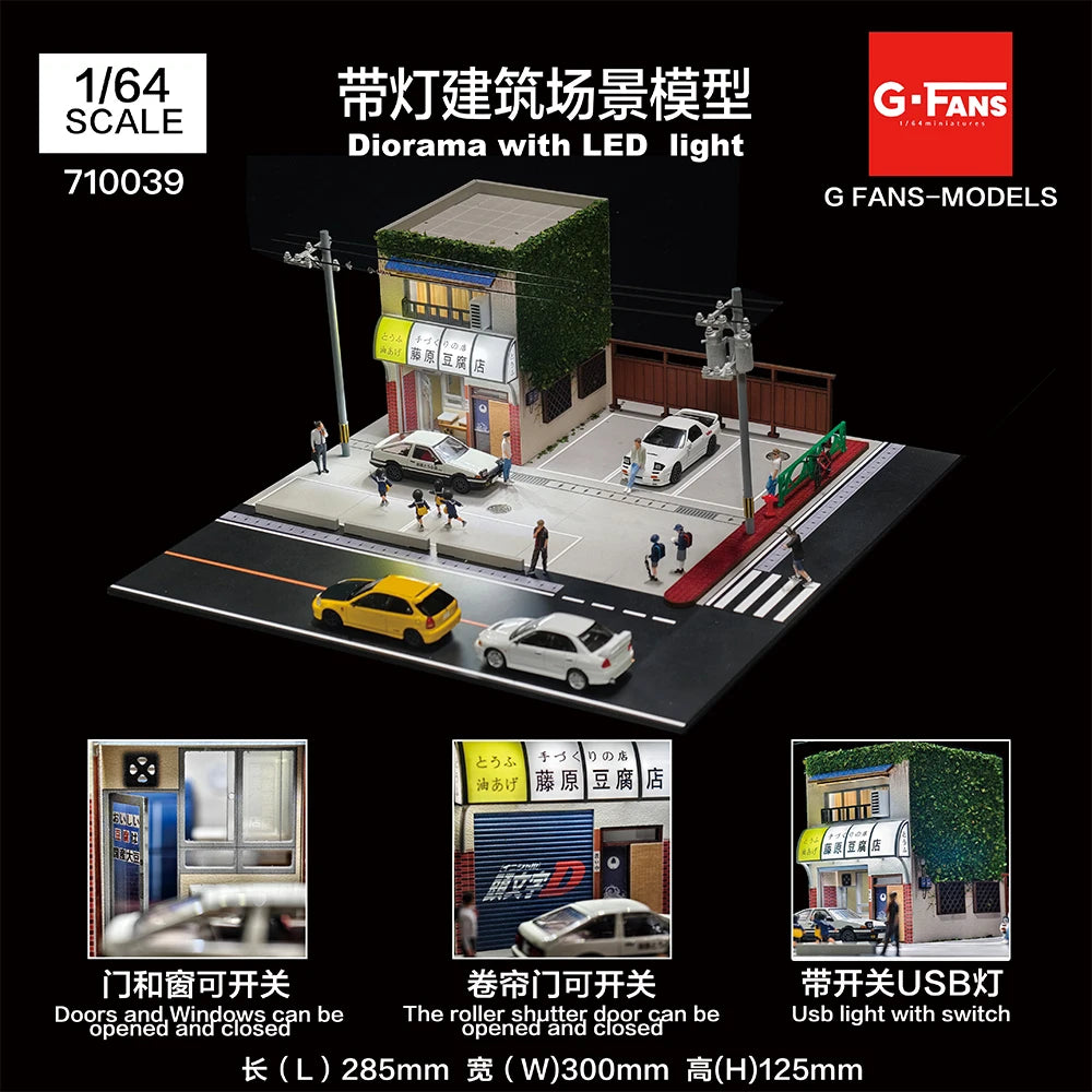 1/64 scale diorama of a building with a rolling shutter door and a parking lot featuring miniature cars.