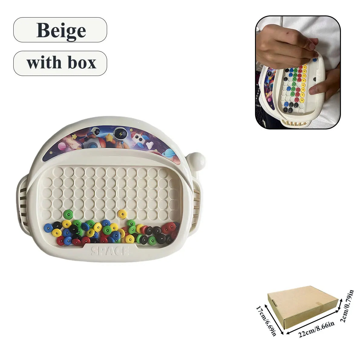 Beige magnetic doodle board for kids with a box and beads