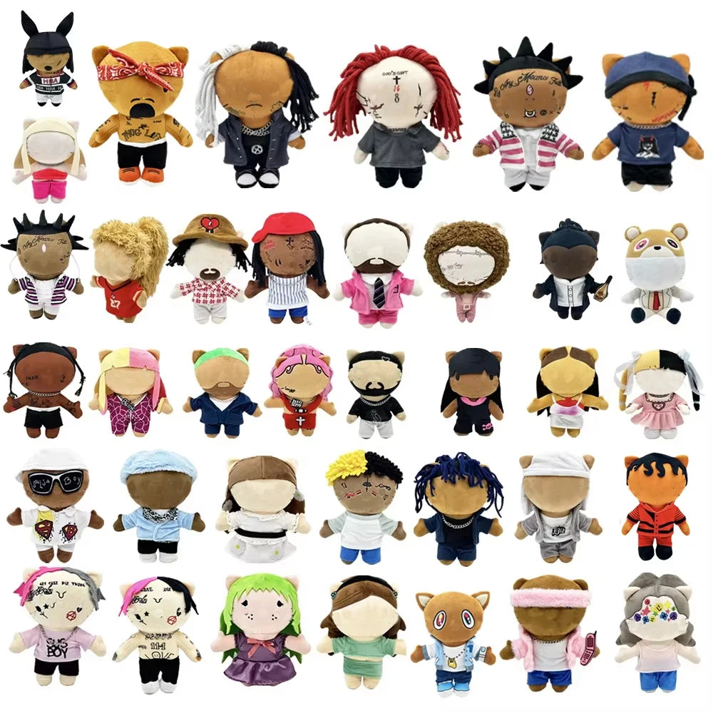 A collection of collectible plush dolls featuring the likenesses of Eminem, XXXTentacion, and Frank Ocean.