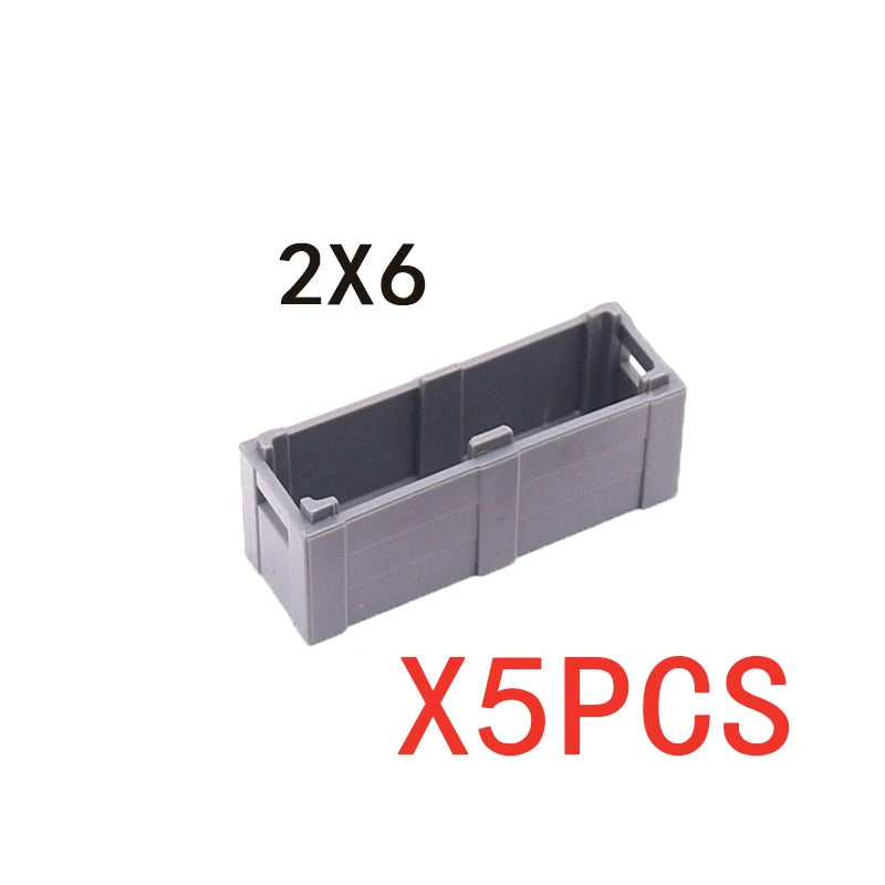 Two 2x6 building block treasure chests with gold and silver coins, five pieces total.