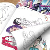 A spread from an anime girls coloring book featuring illustrations of characters in various poses and styles.