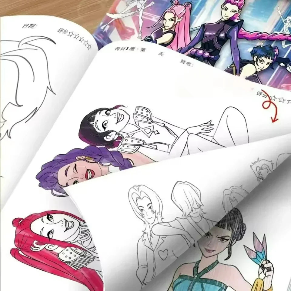 A spread from an anime girls coloring book featuring illustrations of characters in various poses and styles.