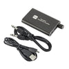 A black portable HiFi headphone amplifier with a cable and USB connector is shown.