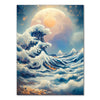A painting depicting a dramatic night sky with a large moon, clouds, and golden light reflecting on turbulent waves.