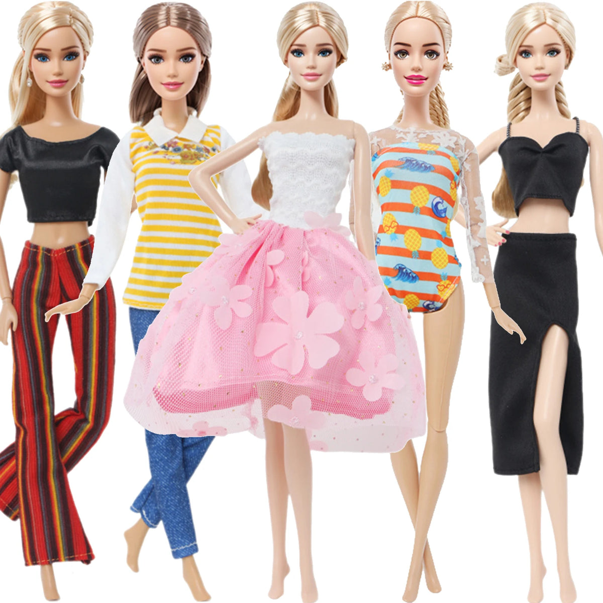 A set of handmade casual doll outfits featuring various tops and pants for 1/6 scale dolls.