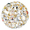 A circular arrangement of 64 cartoon cat stickers featuring various expressions and styles for laptops, phones, and scrapbook