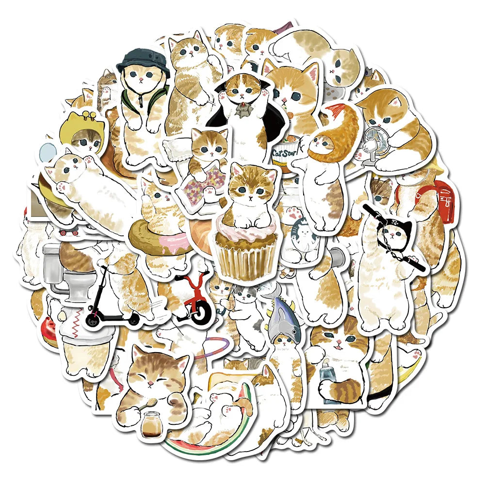 A circular arrangement of 64 cartoon cat stickers featuring various expressions and styles for laptops, phones, and scrapbook