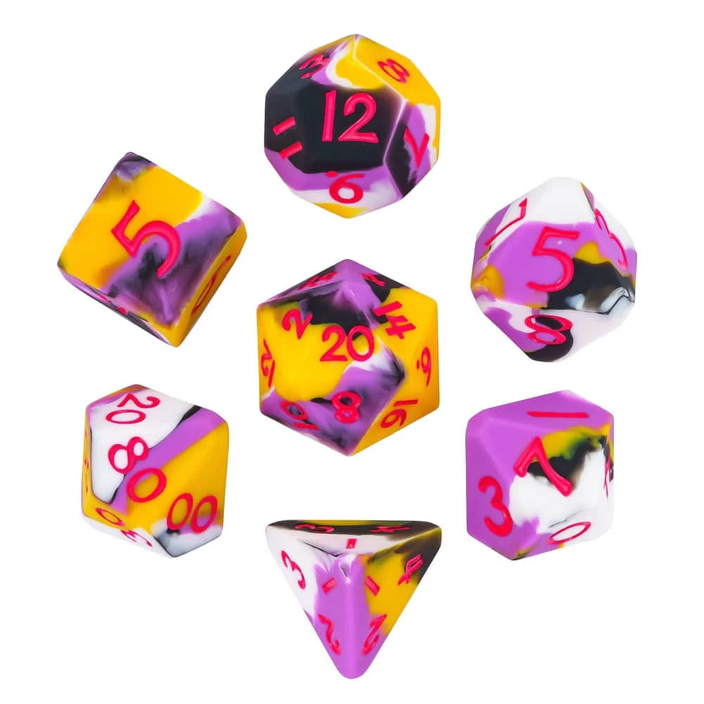 A set of silicone polyhedral dice featuring vibrant purple and yellow marbled colors.