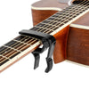 Gros plan d'un accordeur de guitare réglable fixé sur le manche d'une guitare acoustique.