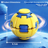 A yellow and blue press-to-spin fidget ball is shown against a blue planetary background.