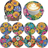 A set of floral diamond painting coasters featuring colorful flowers and leaves with a metal holder.