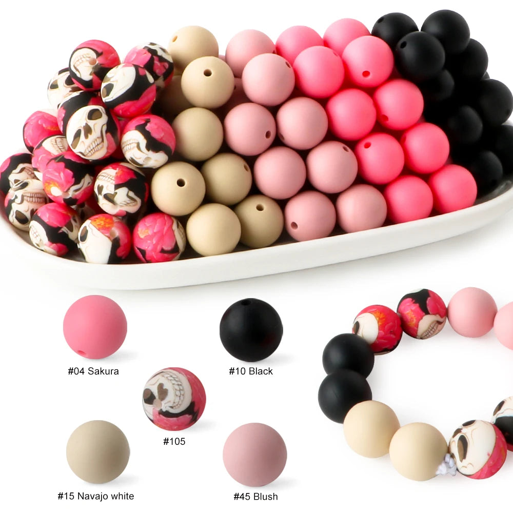 A collection of soft food-grade silicone beads in various colors including pink, black, and beige for DIY jewelry and crafts.