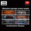 A miniature garage scene model featuring a combination display of various car and storage elements.