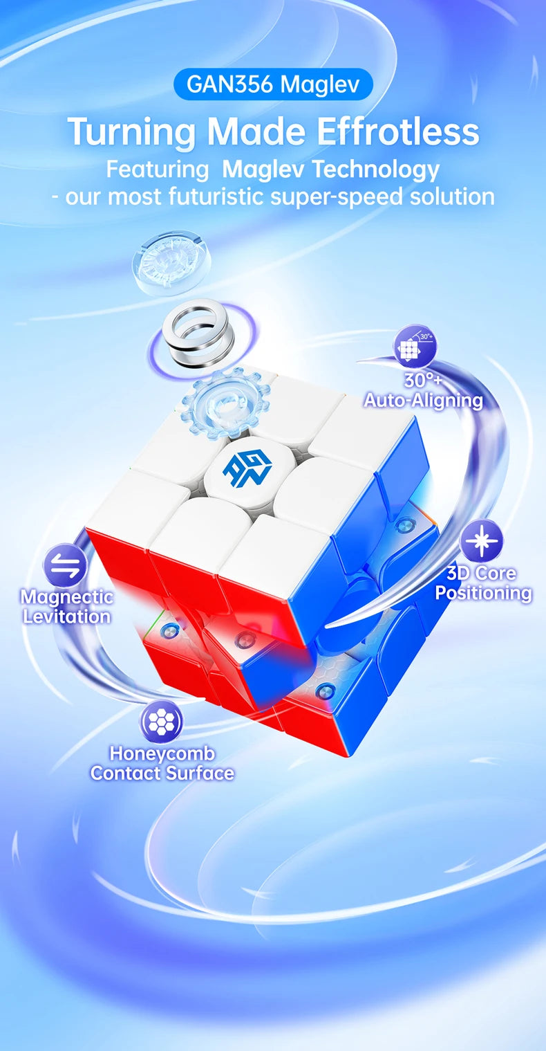 A close-up view of a GAN356 Maglev cube featuring magnetic levitation and auto-aligning technology.