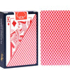 A box of red playing cards with a king face design and a deck of red diamond playing cards.