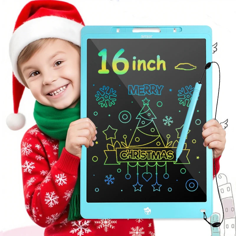 A smiling child wearing a red sweater and green scarf holds a blue tablet displaying a Christmas tree design.