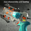 A gray and orange foam bullet toy pistol with a blue barrel is shown disassembled for easy loading.
