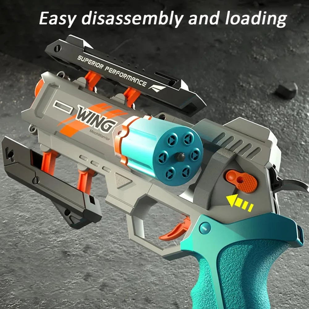 A gray and orange foam bullet toy pistol with a blue barrel is shown disassembled for easy loading.