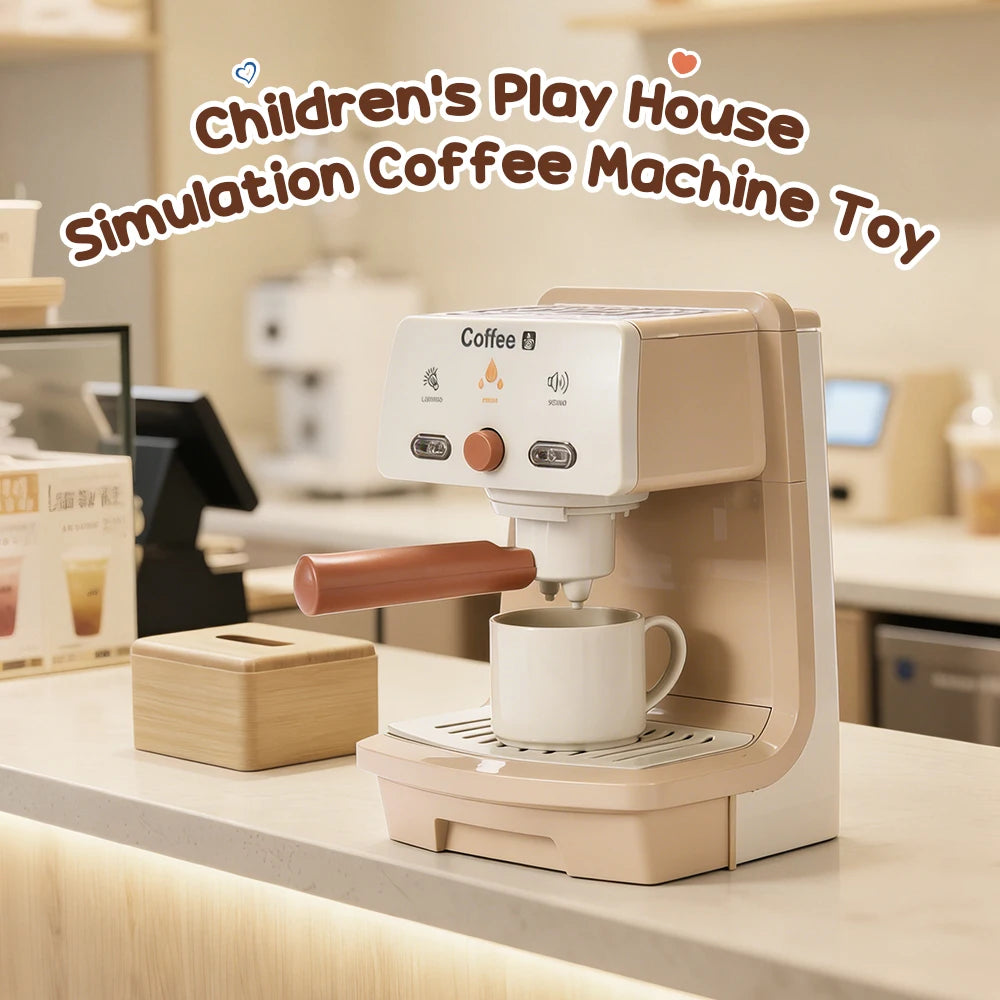 A beige simulation coffee machine toy for children's play house, sitting on a light-colored countertop.