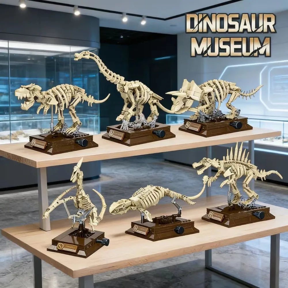 A collection of detailed dinosaur fossil building block models displayed in a museum setting.