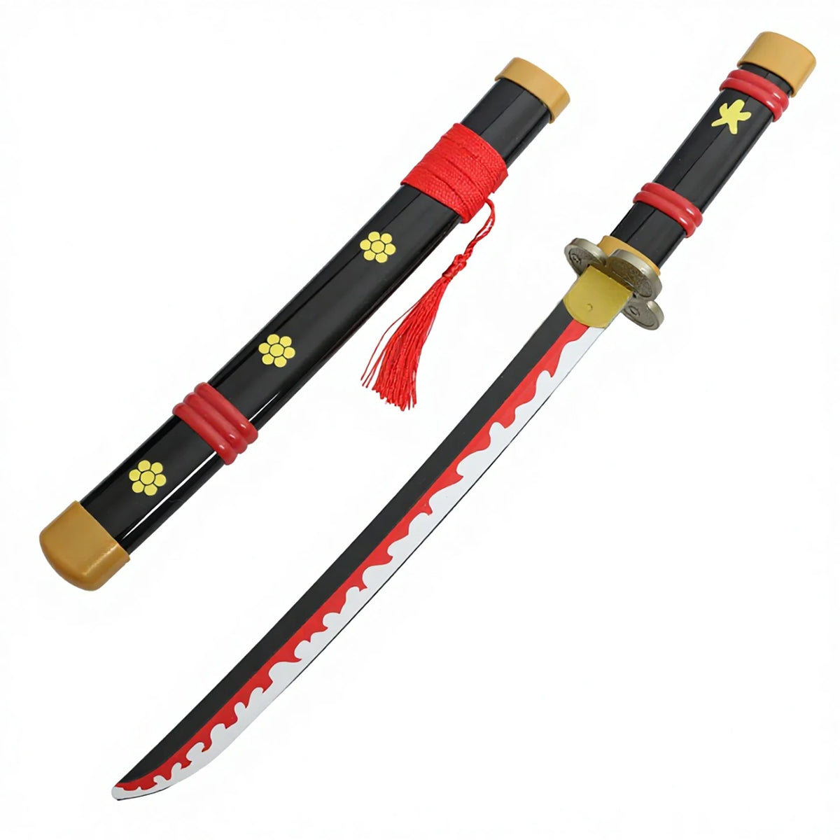 A replica katana sword of 16.5 inches with a black handle, red wrapping, and gold fittings, featuring a decorative blade.