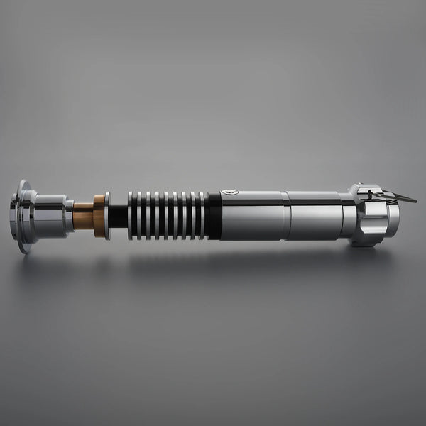A silver lightsaber effect prop with a textured cylindrical body and metallic fittings.
