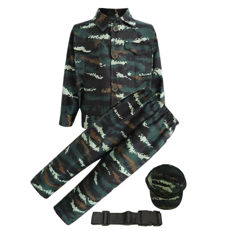 Kids camouflage army costume set including a shirt and pants with accessories