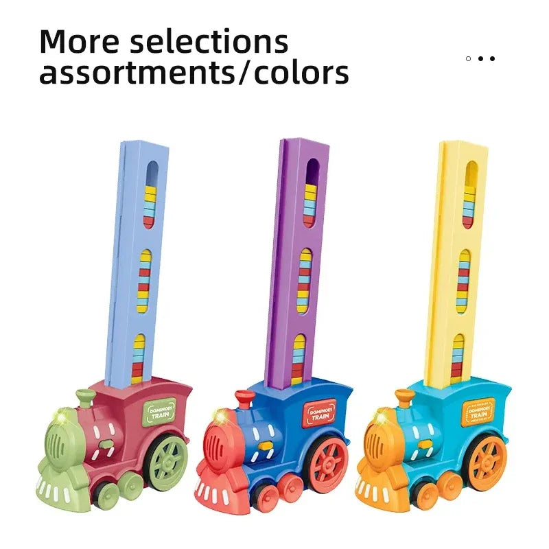 A set of colorful automatic domino train toys in pink, purple, and blue.