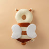 A soft baby head protector pillow shaped like a giraffe, featuring beige and brown stripes.