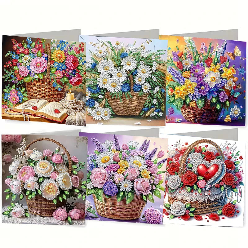 A set of DIY diamond painting birthday cards featuring colorful flowers and birds in various arrangements.