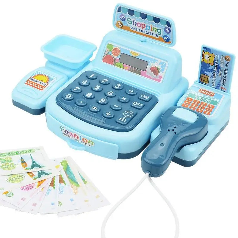 A blue interactive cash register toy with a keypad and accessories is shown next to some paper money.
