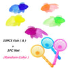 A set of 10 fish bath toys in various colors plus one net and two fishing nets