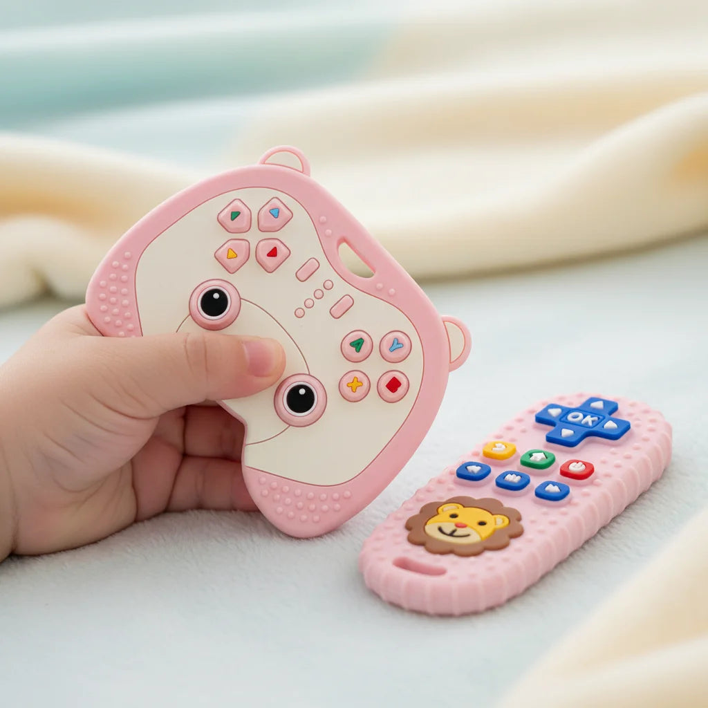 Una mano sostiene un juguete masticable rosa de dos animales con varios botones y formas en una superficie clara.