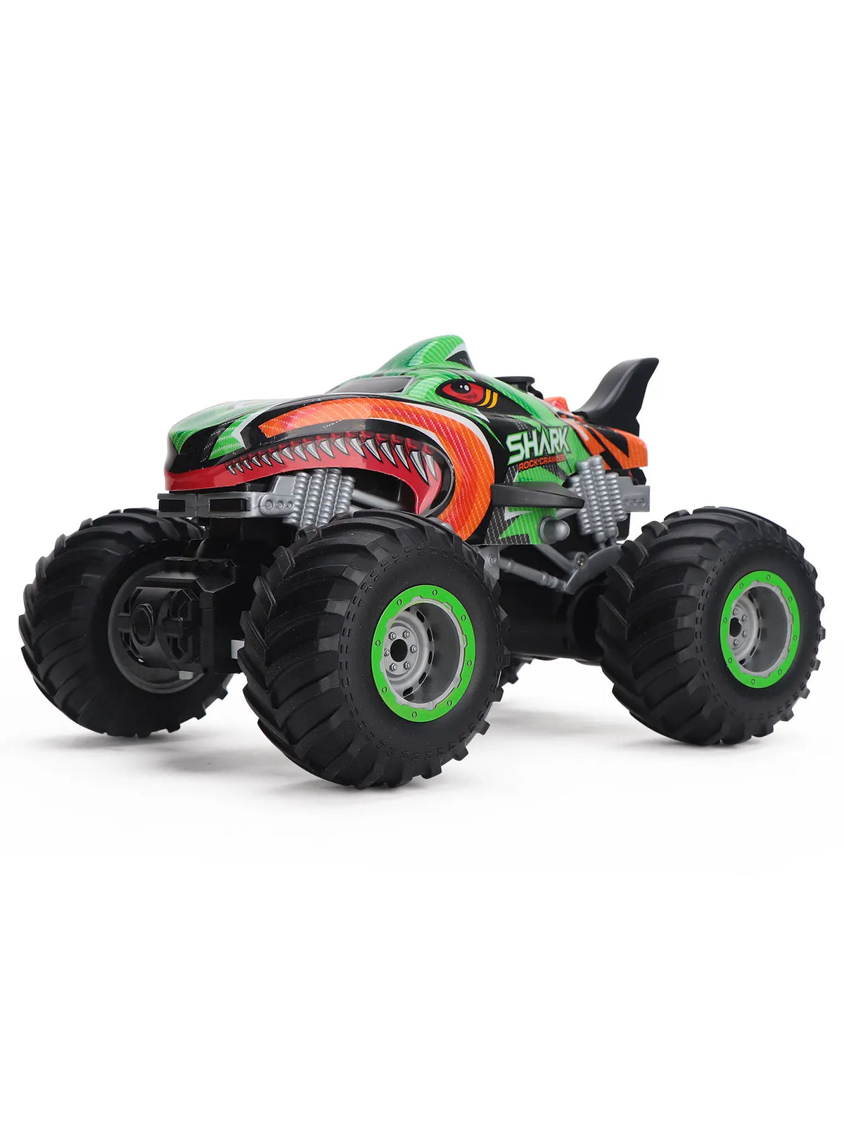 An orange and green All-Terrain RC Monster Truck with spray action features large tires and aggressive bodywork.