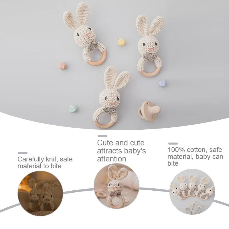 Crochet Bunny Rattle & Teether Toy with Wooden Ring