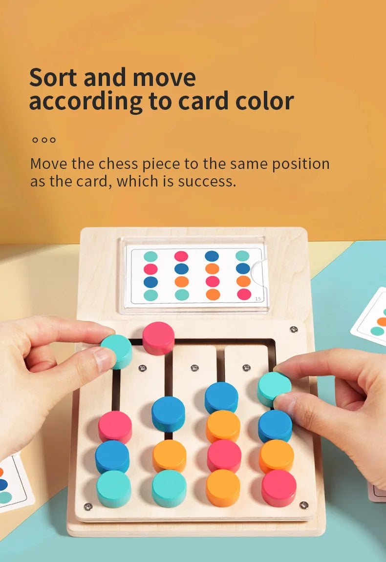 Hands move colored wooden chess pieces to match the color of cards in a puzzle game.