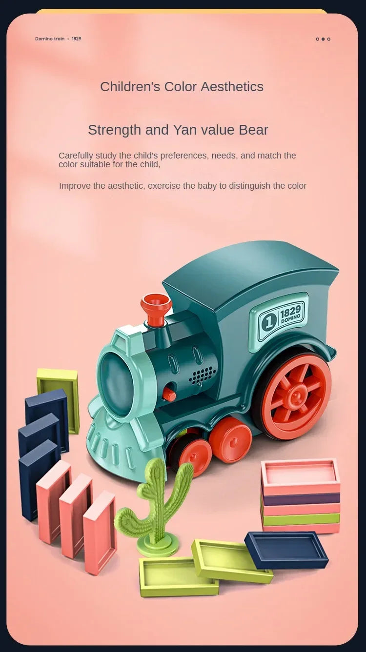 A wooden train toy is surrounded by colorful building blocks and educational materials for children's color aesthetics.