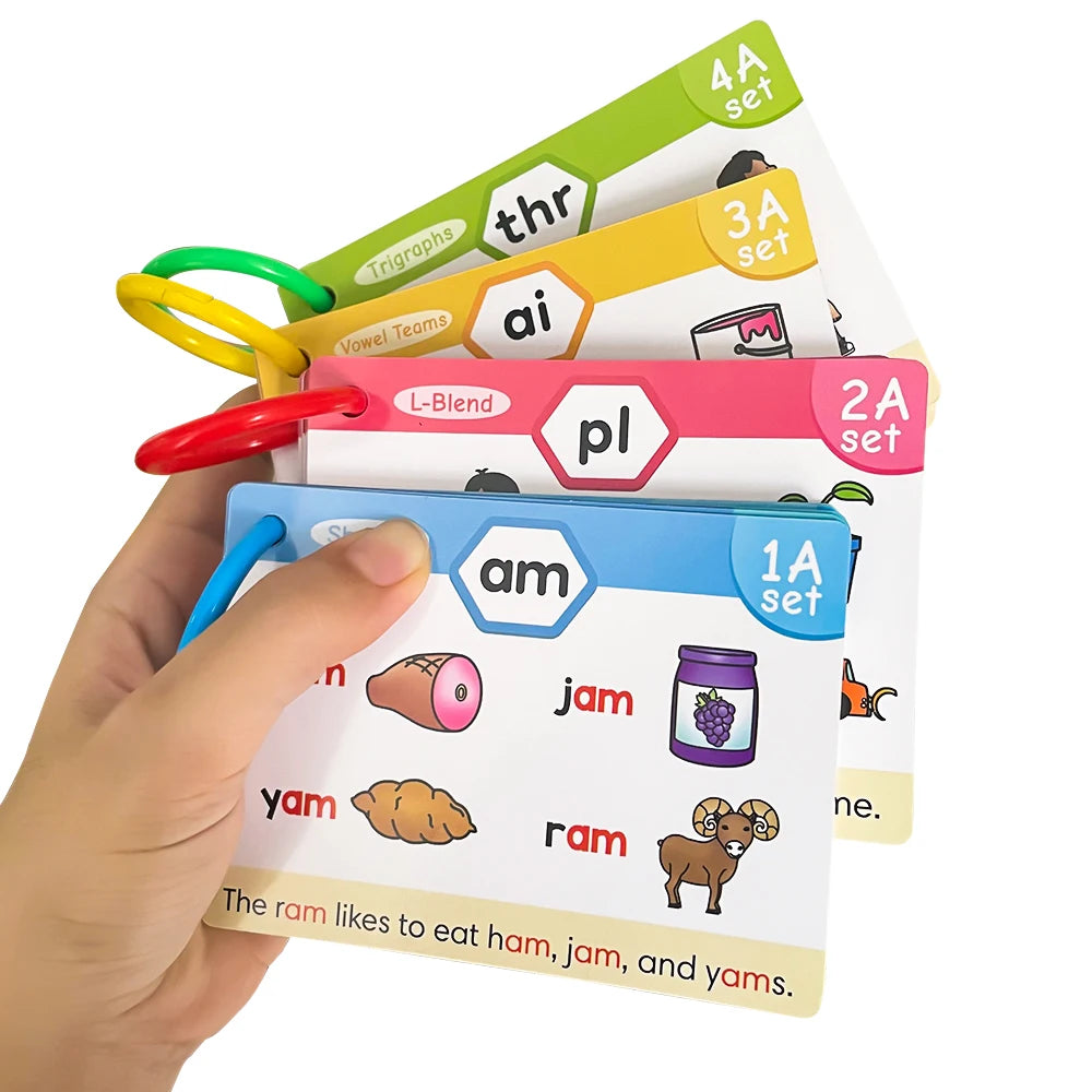 A hand holds a set of colorful phonics learning cards showing various sounds and vocabulary words like thr, ai, pl, am, jam, 