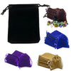 A set of compact drawstring dice bags in black, blue, purple, and gold fabric.