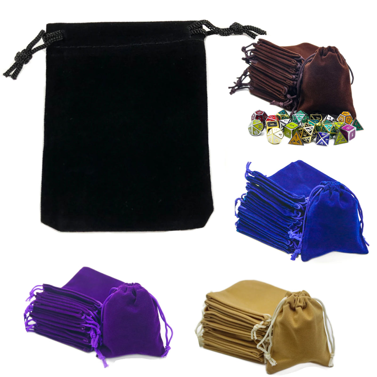 A set of compact drawstring dice bags in black, blue, purple, and gold fabric.