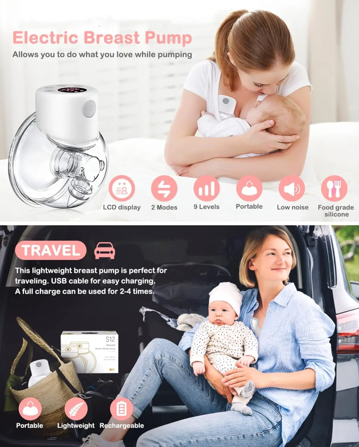 A woman is using a portable electric breast pump for breastfeeding while sitting in a car.