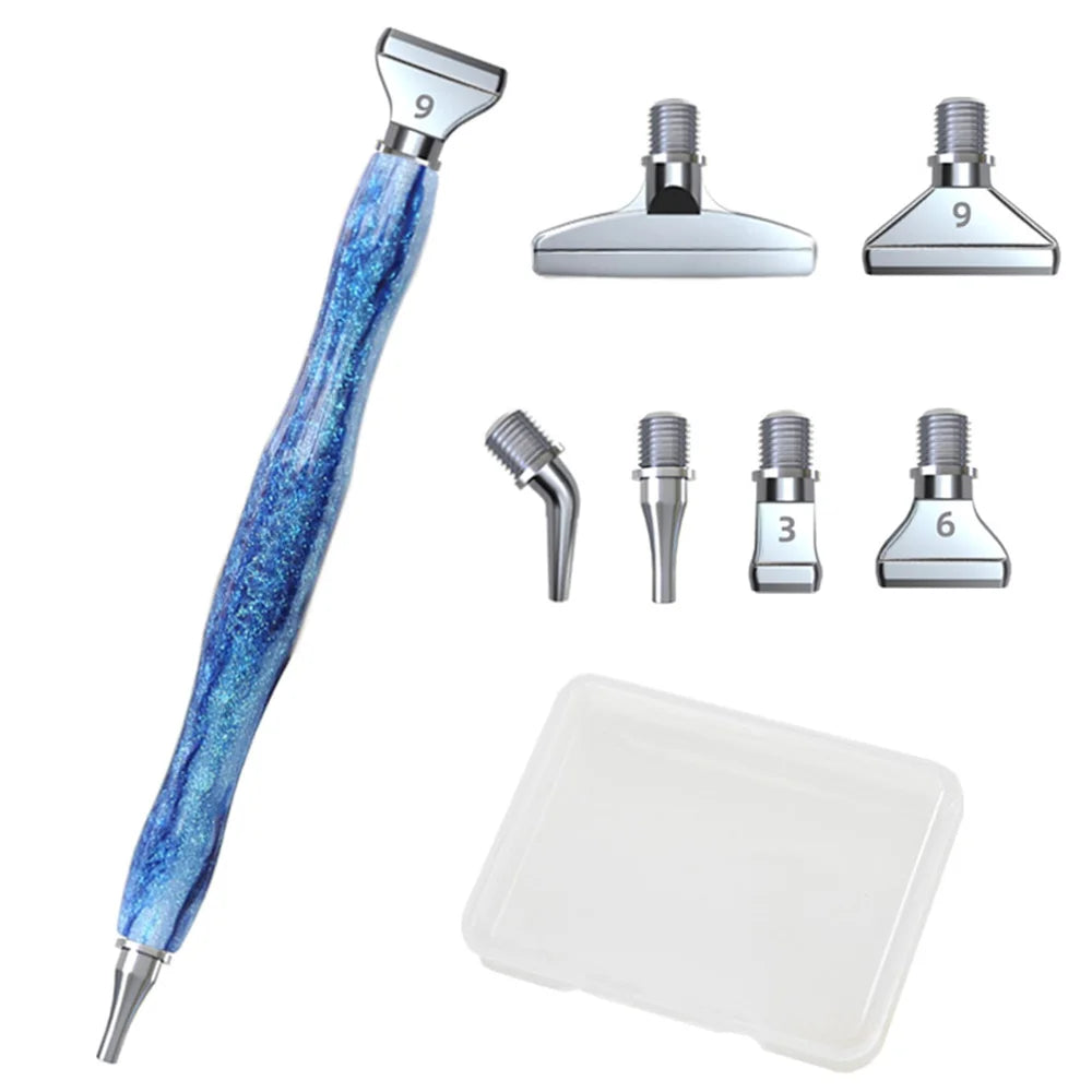 A set of diamond painting pens with interchangeable metal tips and multi-placers, featuring a blue resin body and silver tips