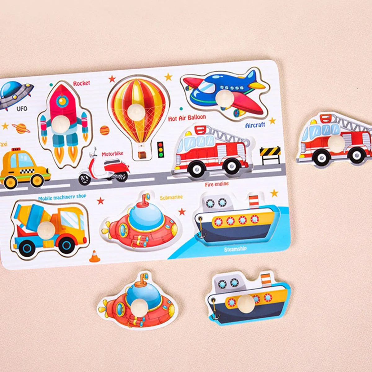 A colorful wooden animal and shape jigsaw puzzle featuring various vehicles like rockets, airplanes, and trains.
