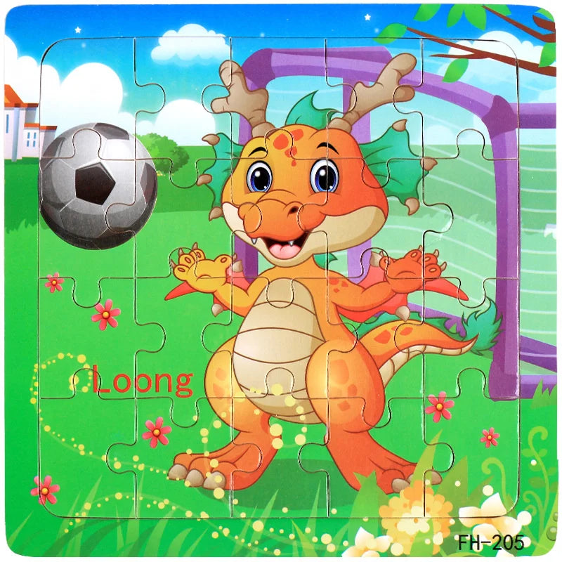 A colorful jigsaw puzzle featuring a cartoon orange and yellow dinosaur character named Loong.