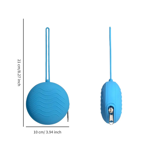 Blue silicone pacifier holder with a long straw and a protective case