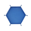 A royal blue foldable PU leather hexagonal dice tray for tabletop games and desk organization.