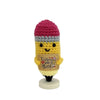 Handwoven crochet pencil ornament featuring pink and gray yarn textures for desk decor