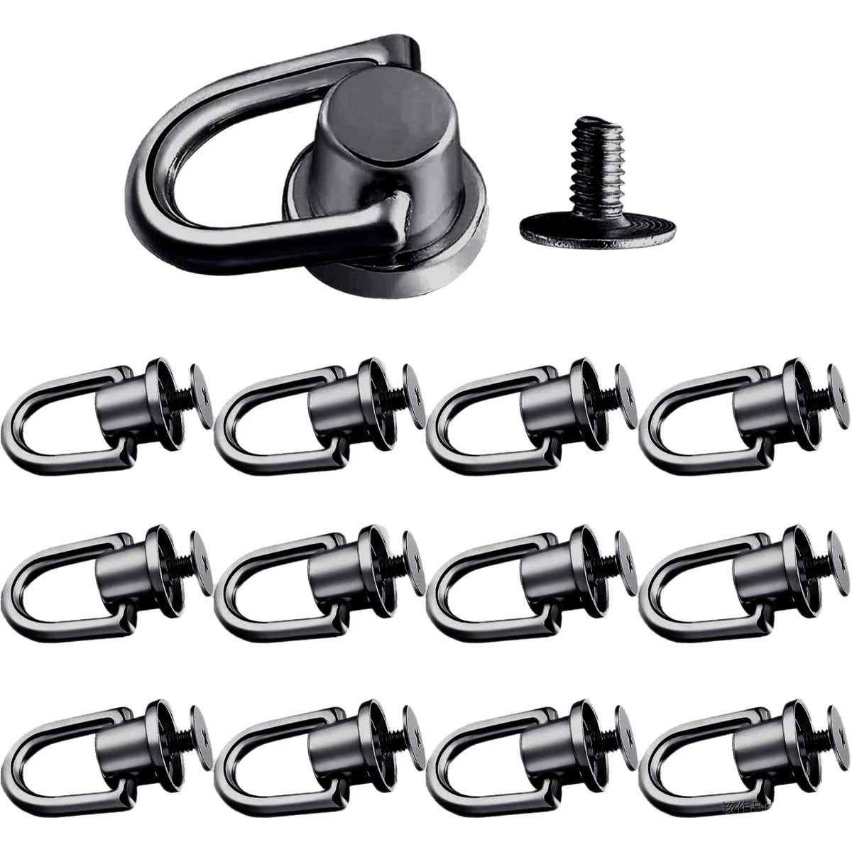 A set of vintage metal D-ring buckle clips and a separate screw shown for bags and straps.